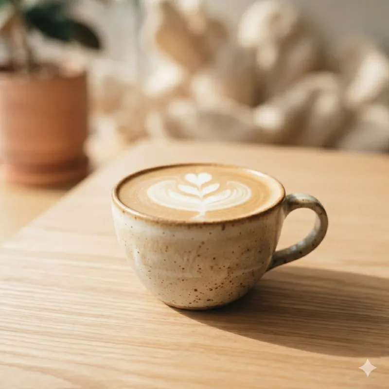 A flat white on a wooden counter